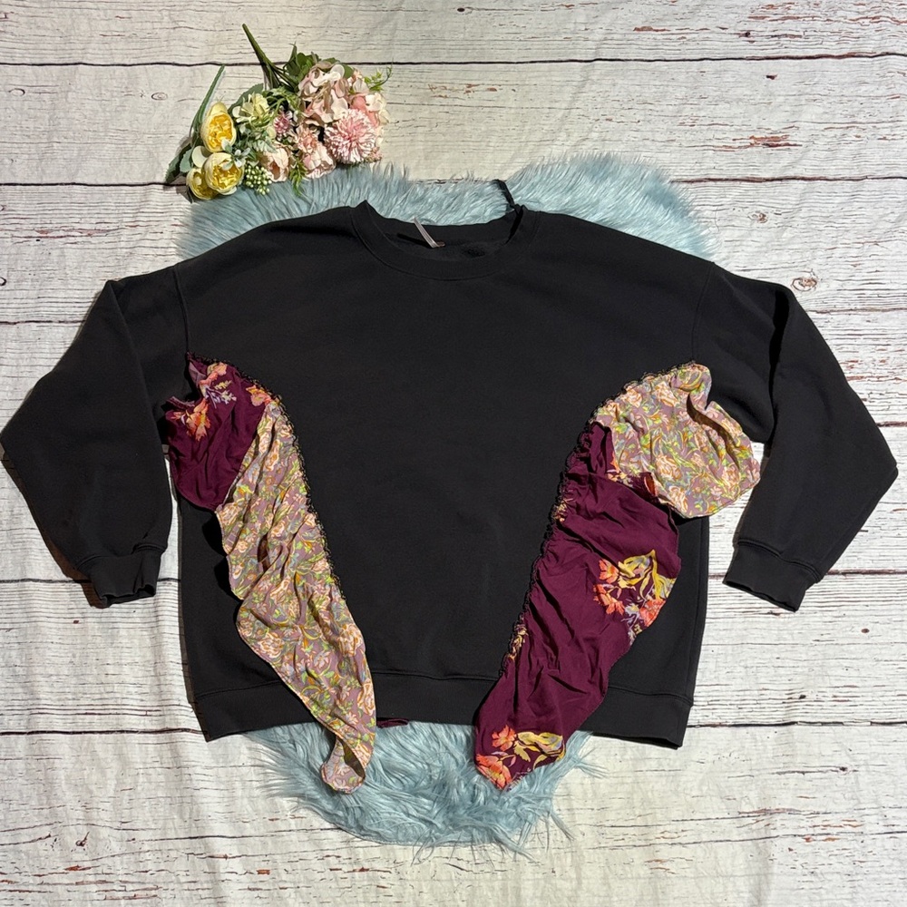 Free People Shes Just Cute Ruffle Patchwork Grey Sweatshirt sz XL